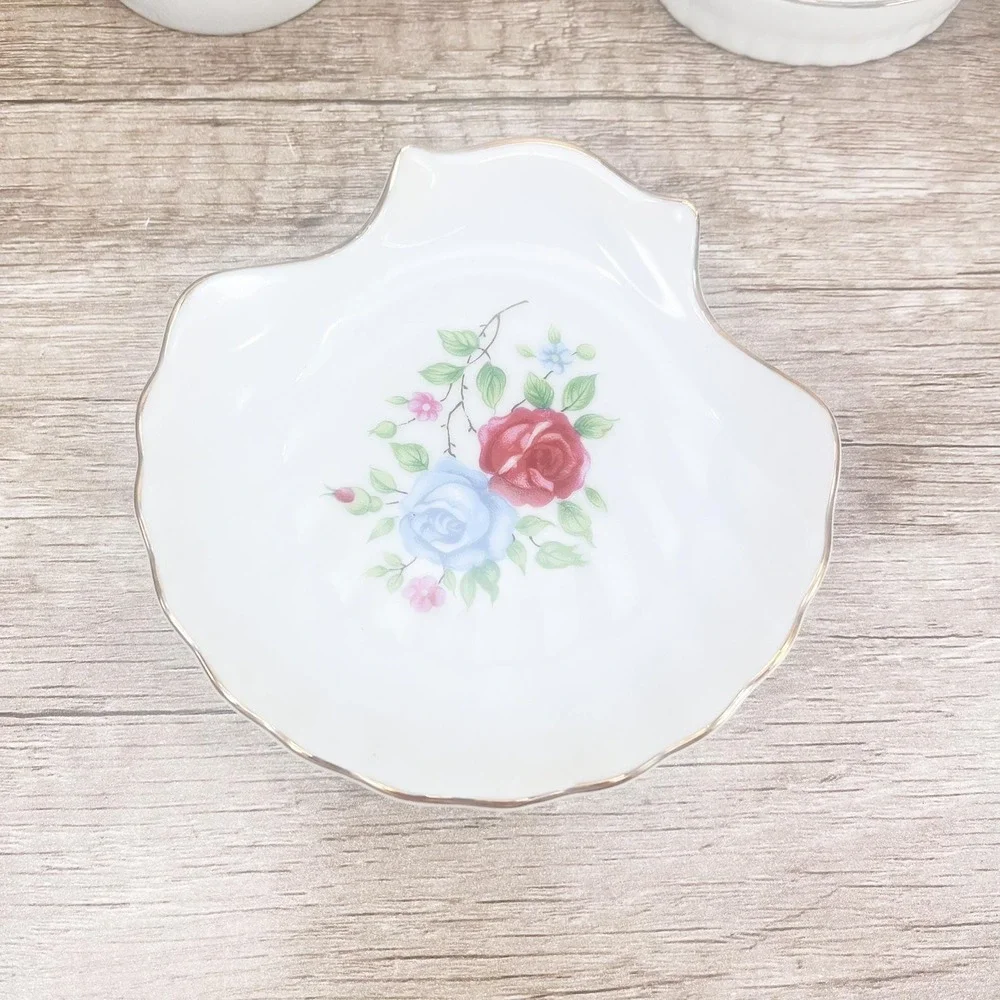 Vintage Floral Ceramic‎ Bathroom Set: Pink Rose Soap Dish, Cup, & TB Holder